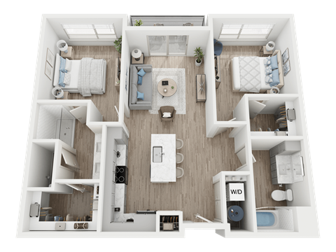 Floor plan for 2 beds, 2 baths, 1037 sqft